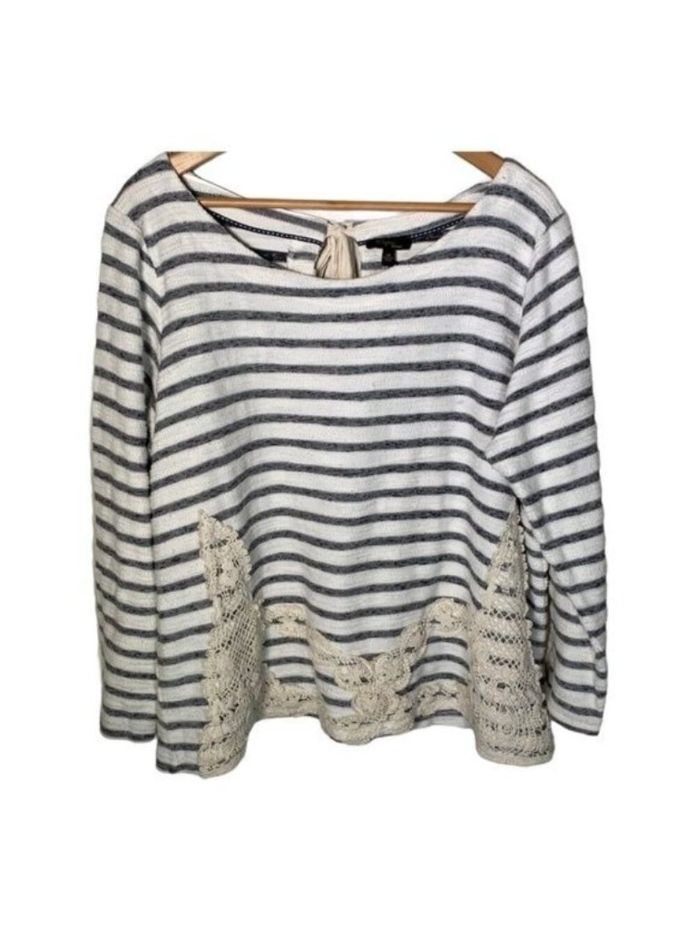 Cupio Womens Plus 2X Striped Knit Top Crochet Hem Boho Pullover